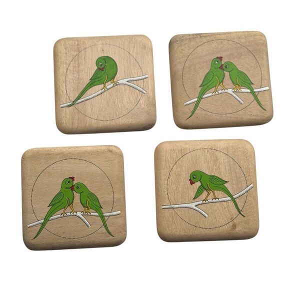 Hand Painted Folk Art Tropical Bird Wooden Coasters - Picture 1 of 6